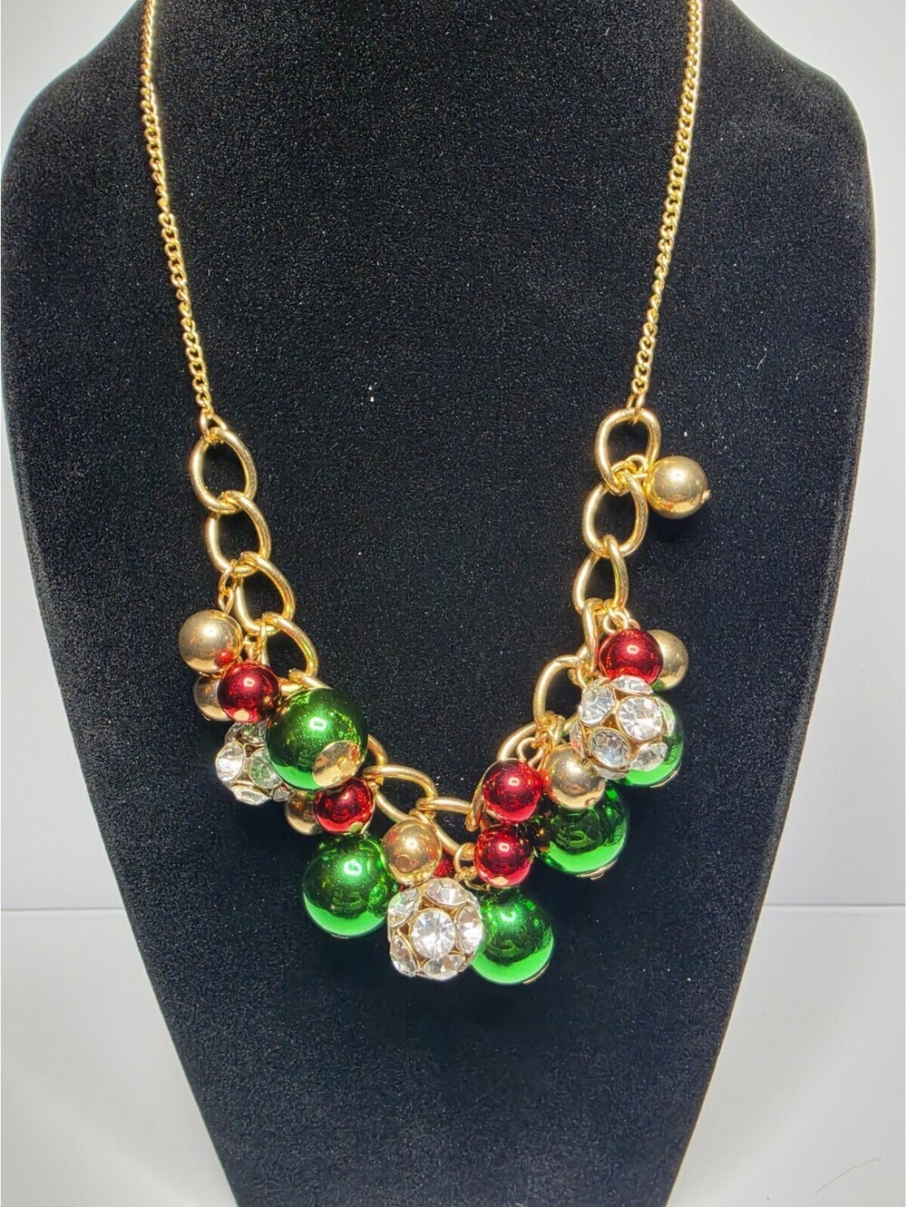 Chunky Christmas Bauble Ornament Statement Necklace Gold Tone 18"